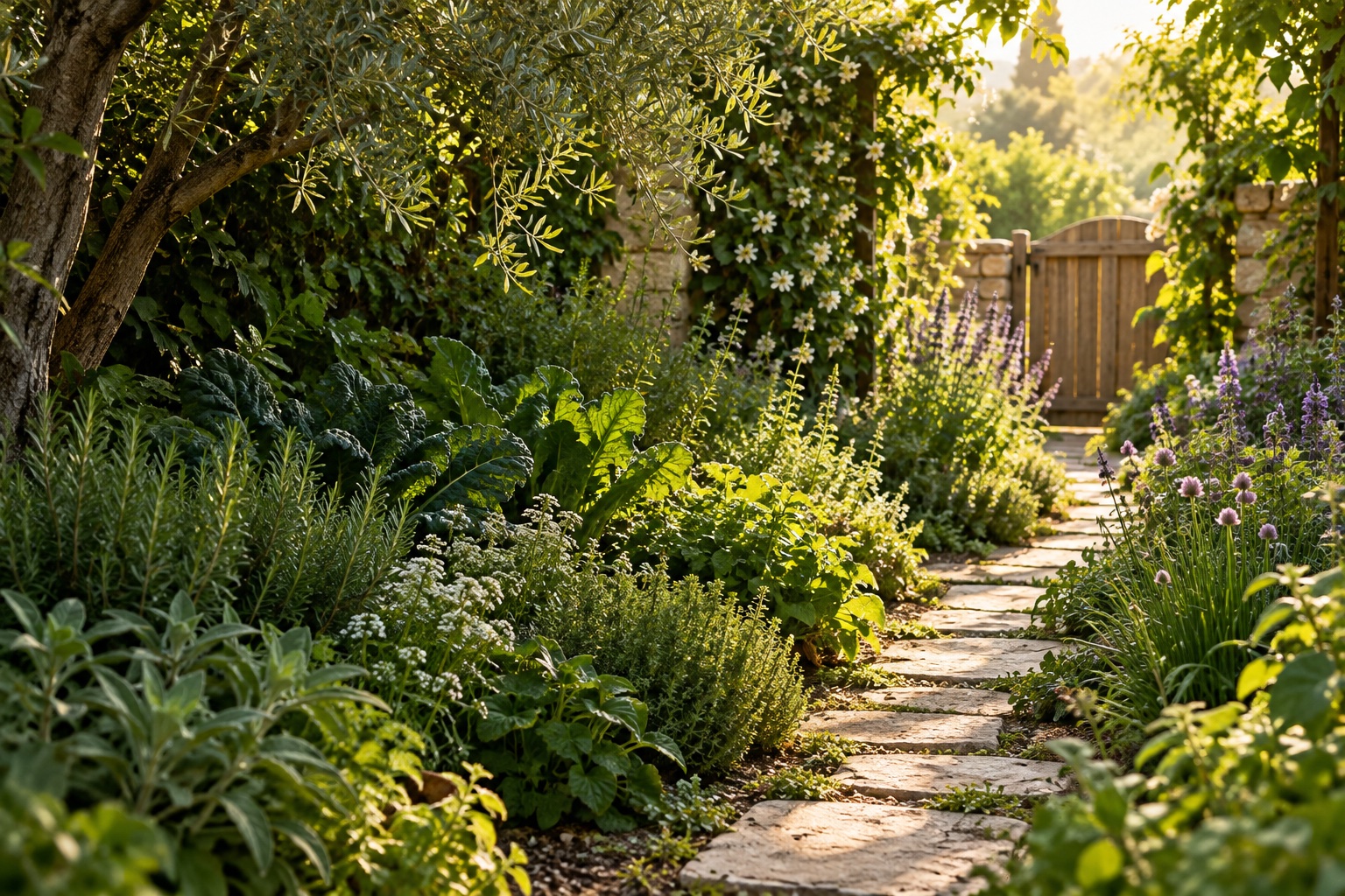 A sunlit garden path through lush herbs and greenery