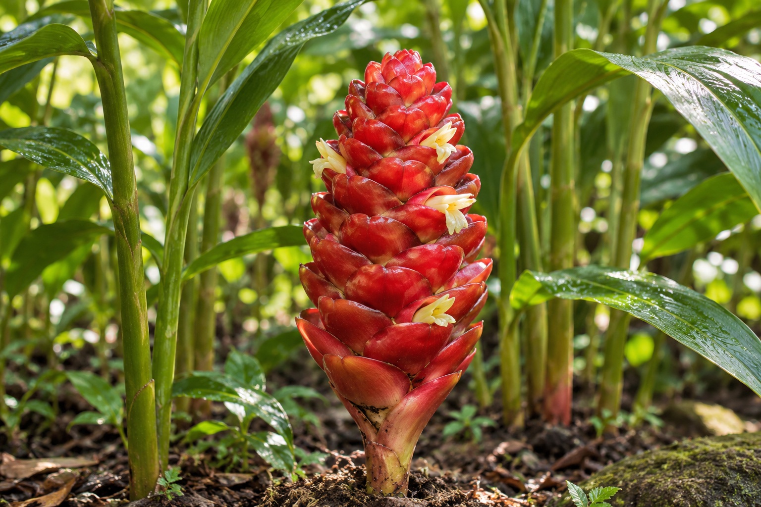Illustration of awapuhi shampoo ginger with a red flower cone and green foliage