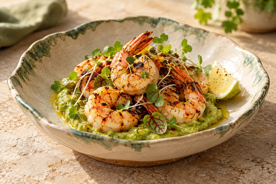 Grilled prawns and avocado finished with delicate microgreens in a handmade ivory and sea-green bowl
