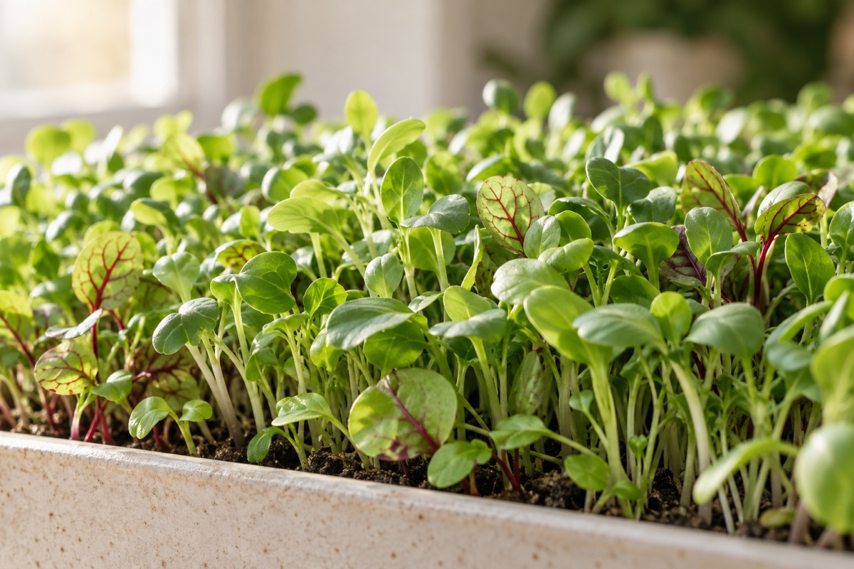 Fresh microgreens with tender leaves and colourful stems