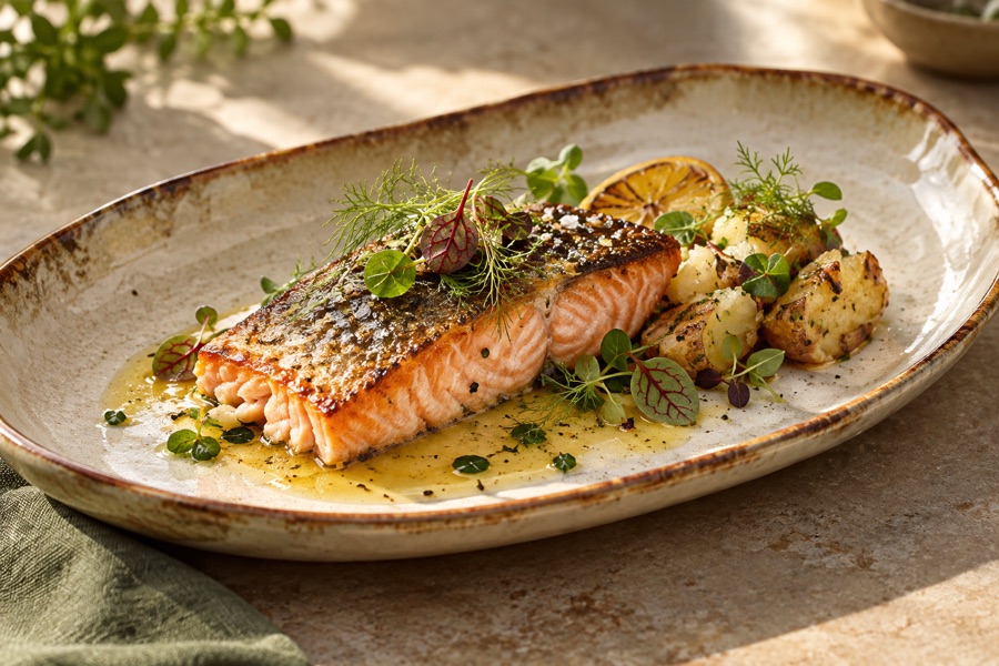 Pan-seared salmon with lemon butter, crushed potatoes and delicate microgreens on handmade copper-rimmed pottery