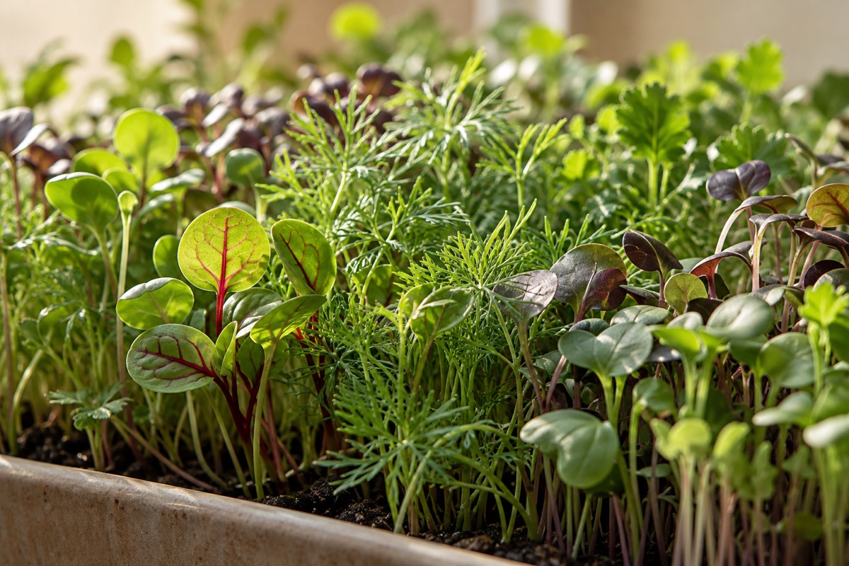 Fresh microgreens with tender leaves and colourful stems