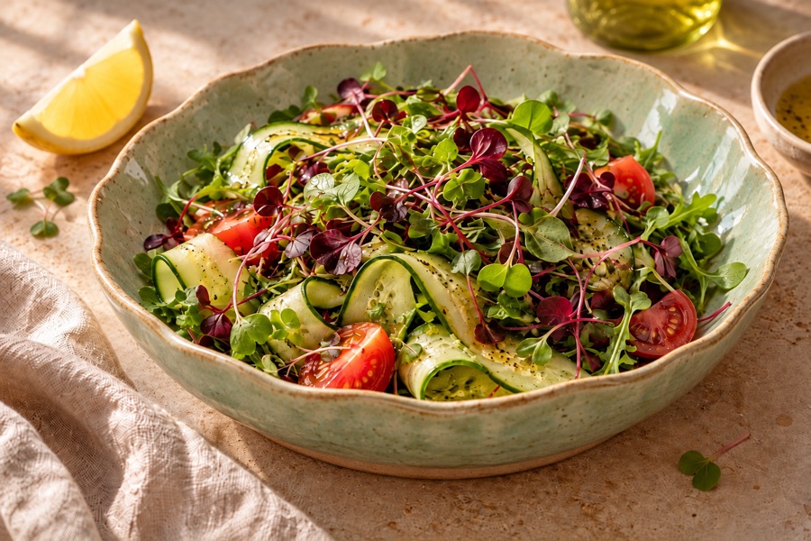 Fresh salad with green and crimson microgreens and lemon vinaigrette