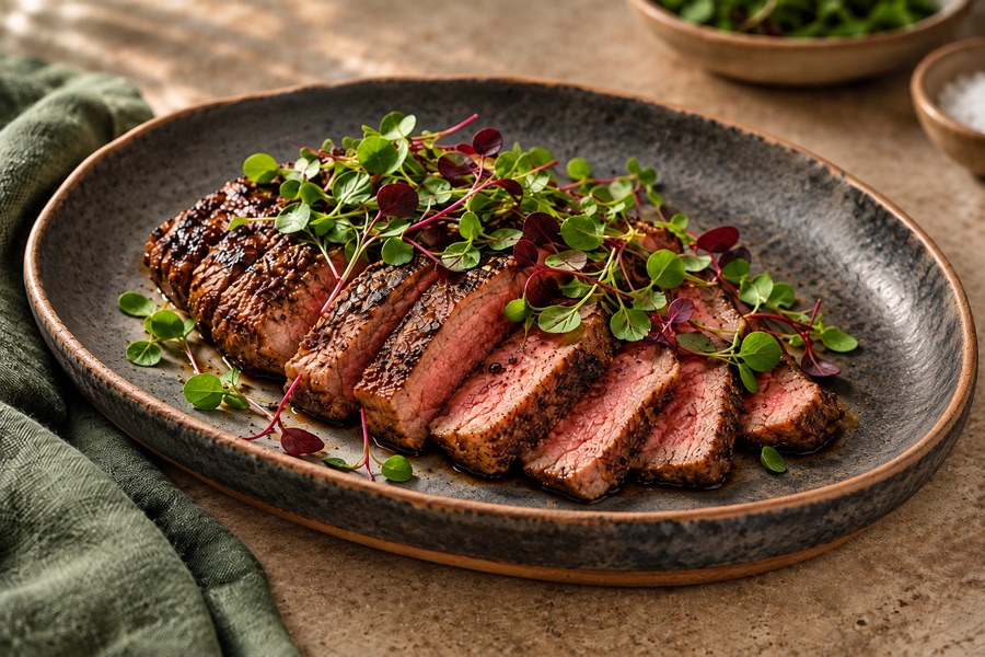 Sliced grilled steak topped with green and crimson microgreens