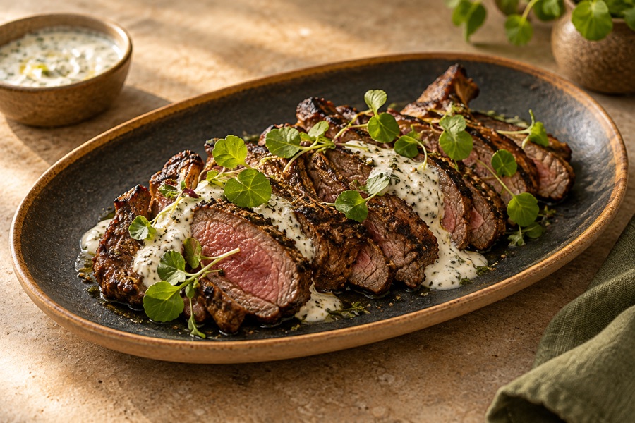 Juicy braaied lamb with yoghurt dressing and a light microgreen garnish on handmade charcoal and ochre pottery