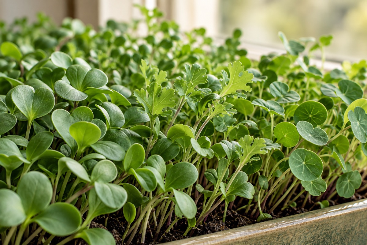 Fresh microgreens with tender leaves and colourful stems