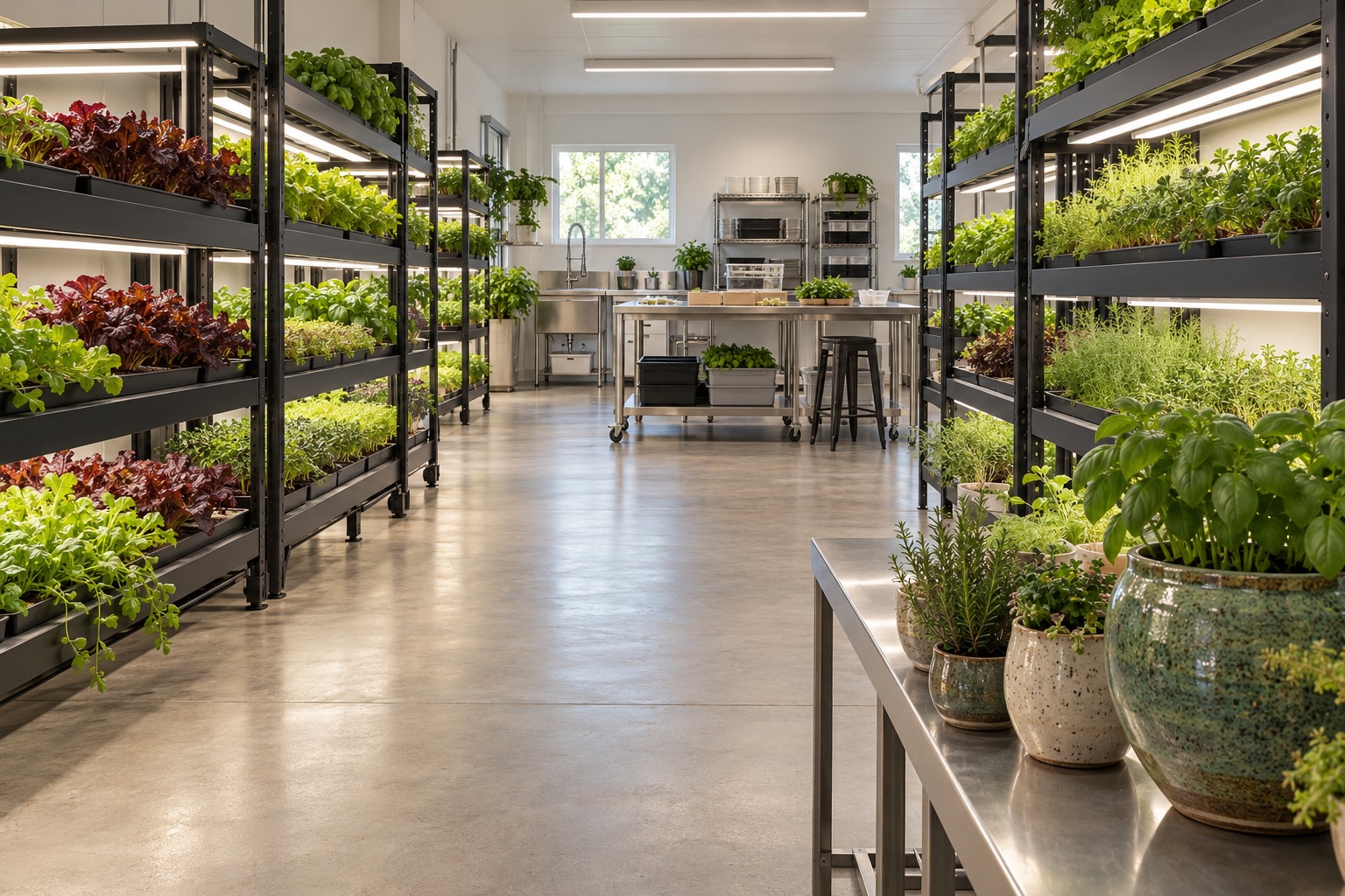 An indoor growing studio filled with edible plants and lush herbs