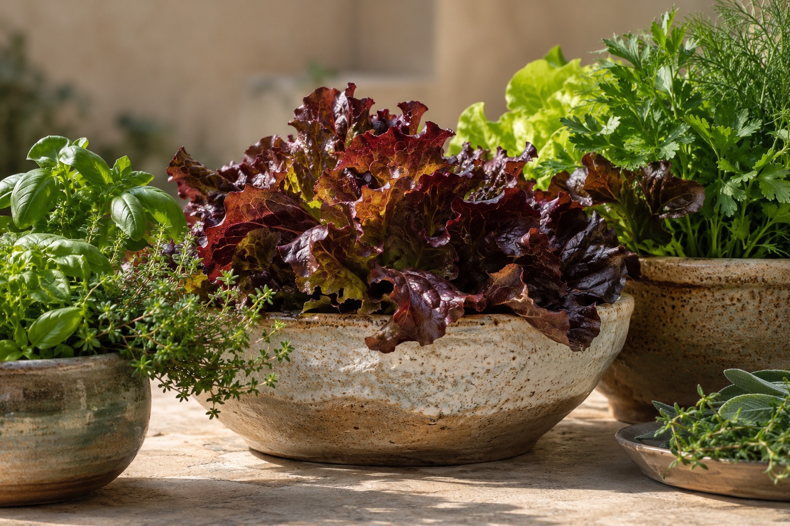 Deep burgundy lettuce and green culinary herbs in handmade pottery