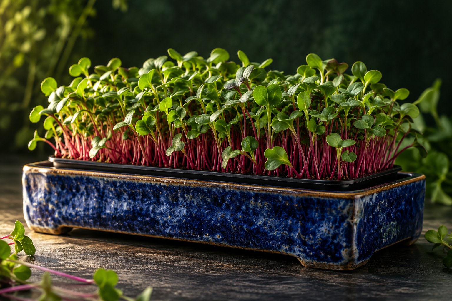  fresh microgreens in a handmade ceramic harvest tray