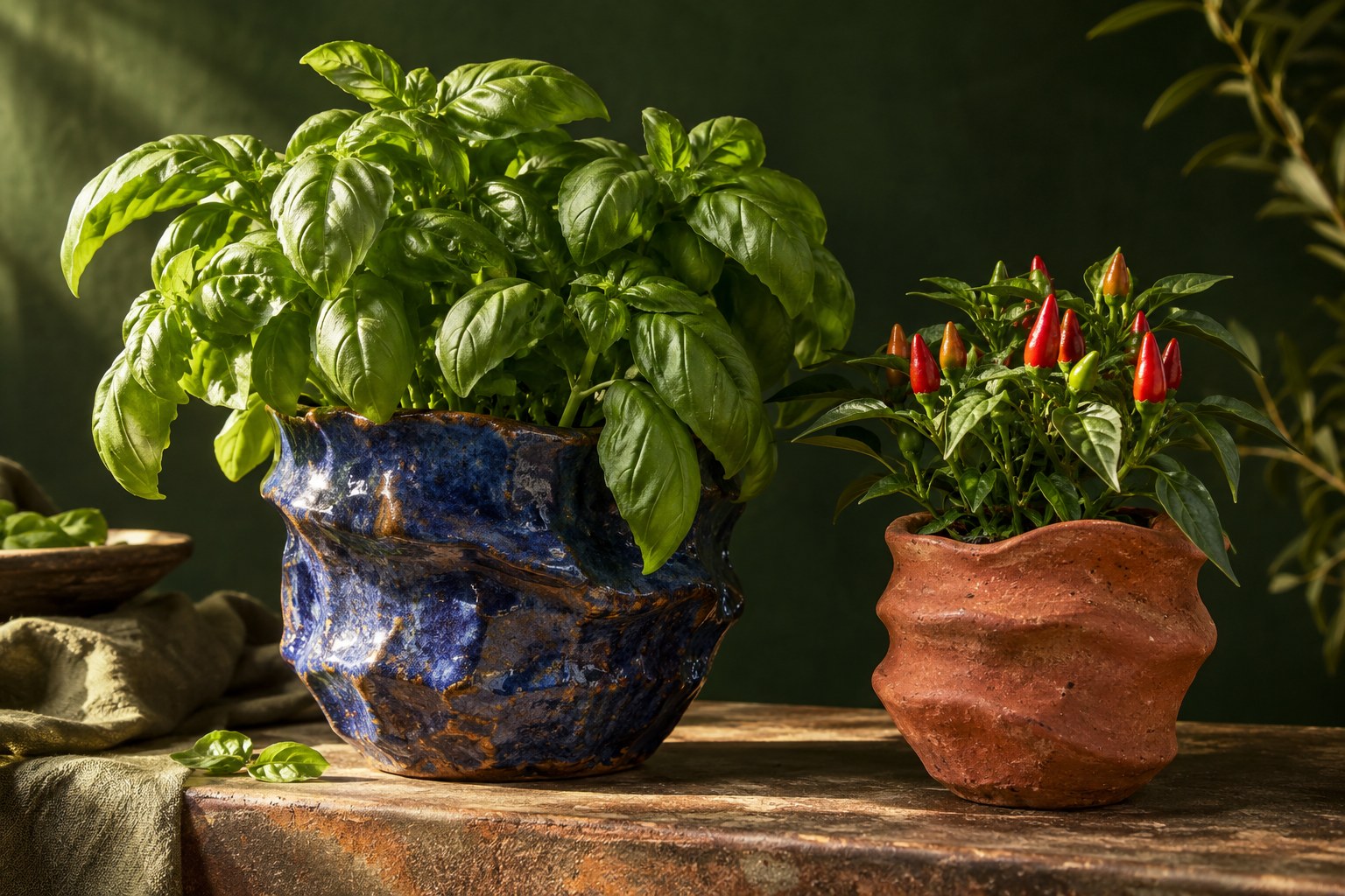  sculptural handmade pottery with lush herbs and pepper plants