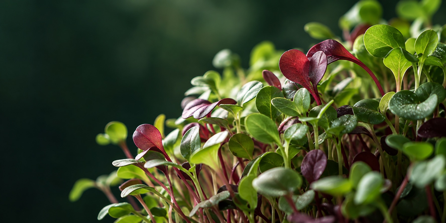 A close-up of fresh green and crimson microgreens