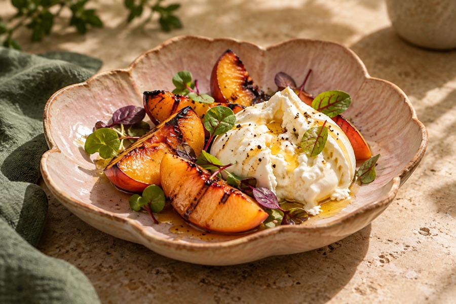Juicy grilled peaches, burrata and a few delicate microgreens on handmade blush-glazed pottery
