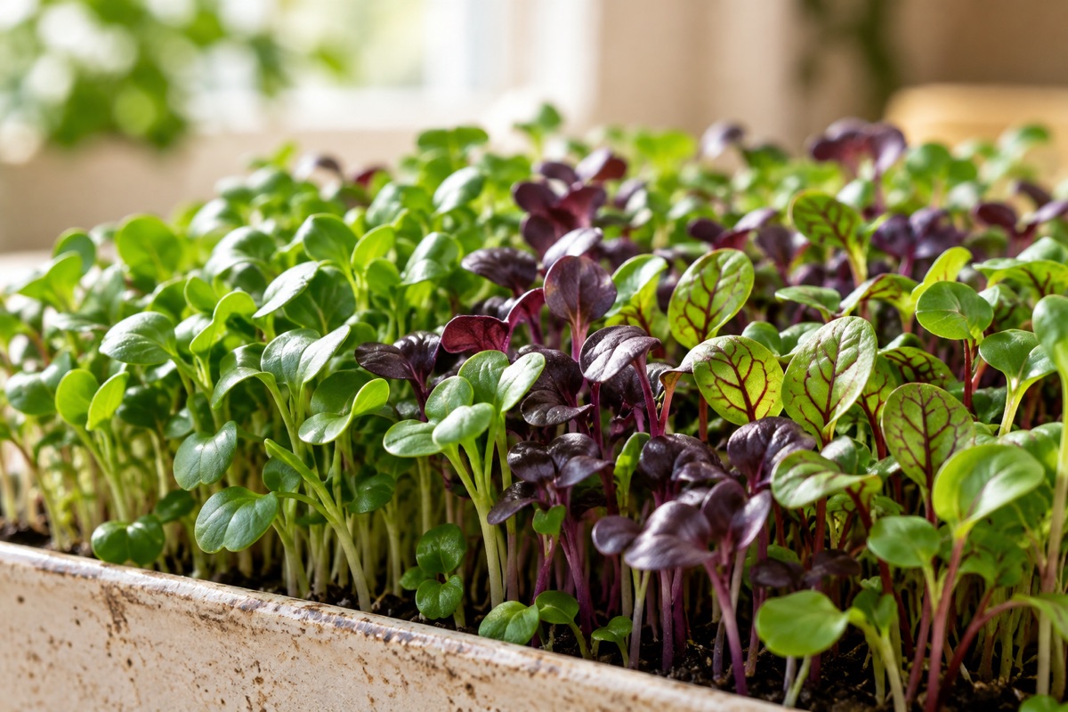 Fresh microgreens with tender leaves and colourful stems