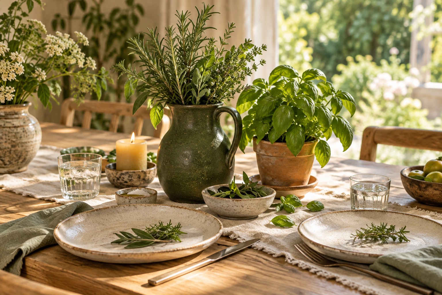 Handmade ceramics, fresh herbs and living plants on a sunlit table