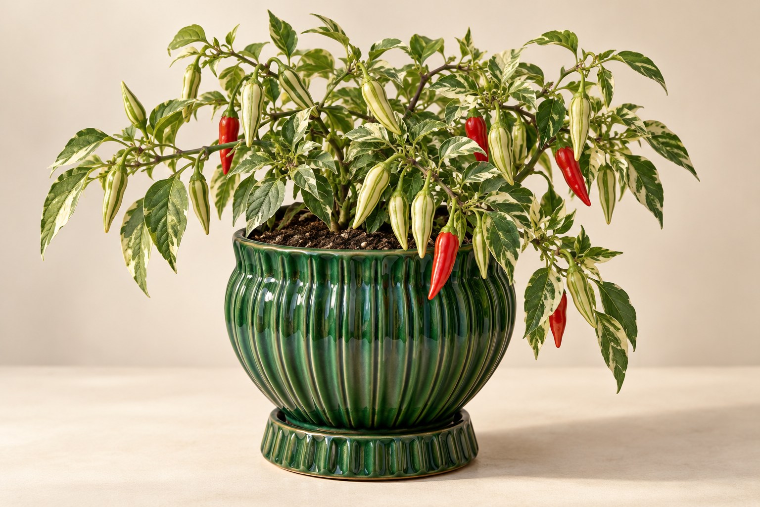 Fish pepper in a sculptural emerald planter