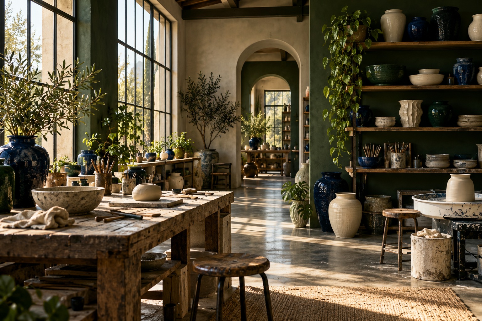 A light-filled artisan pottery studio with sculptural ceramic vessels and works in progress