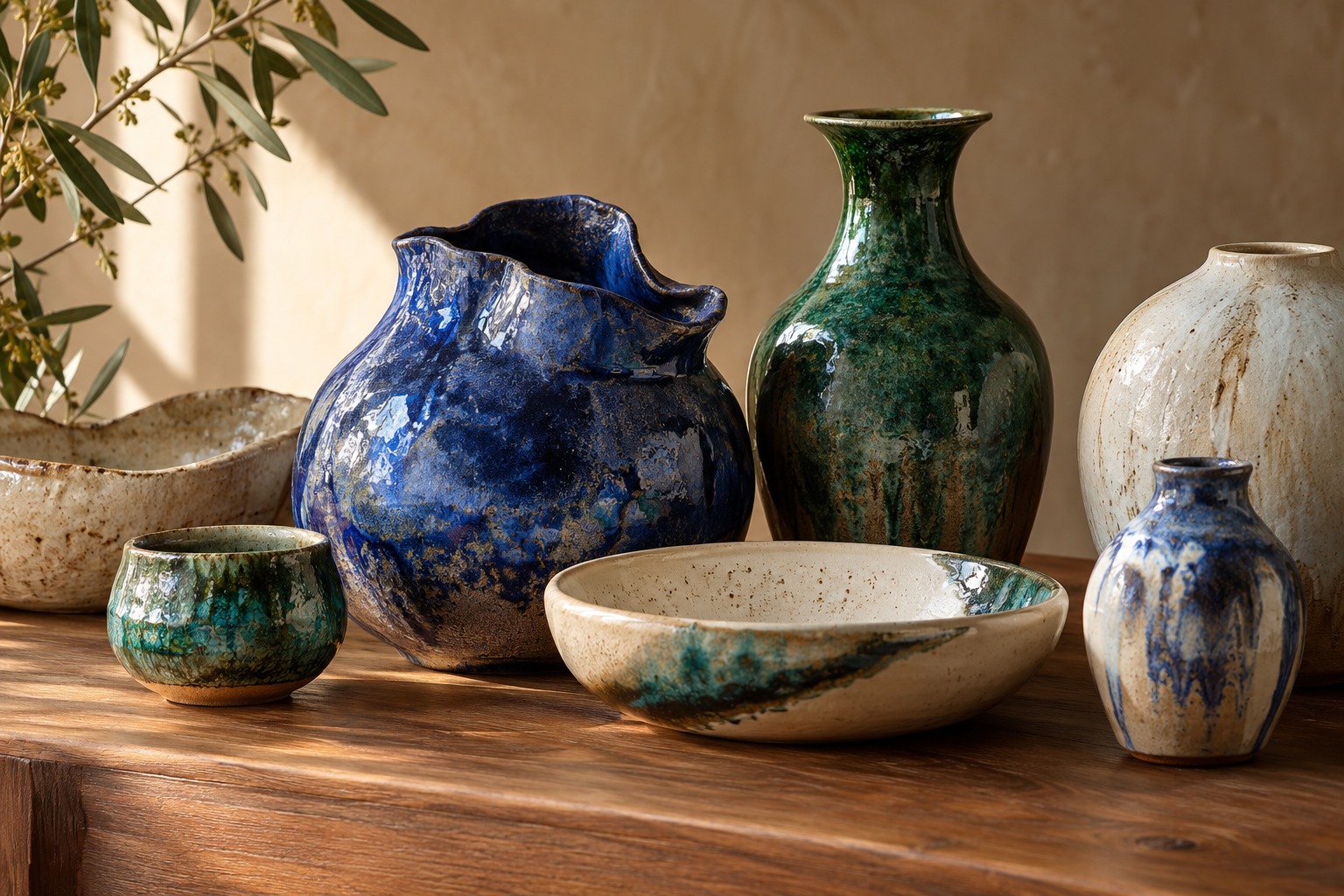 A collection of cobalt, emerald and ivory handmade ceramics