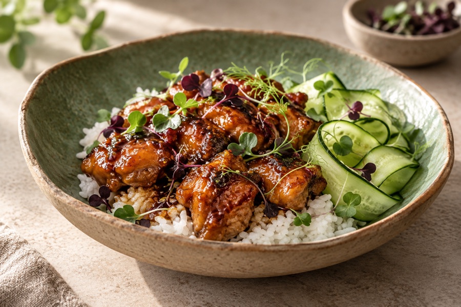 Glazed ginger-soy chicken with jasmine rice and small colourful microgreens in handmade jade pottery