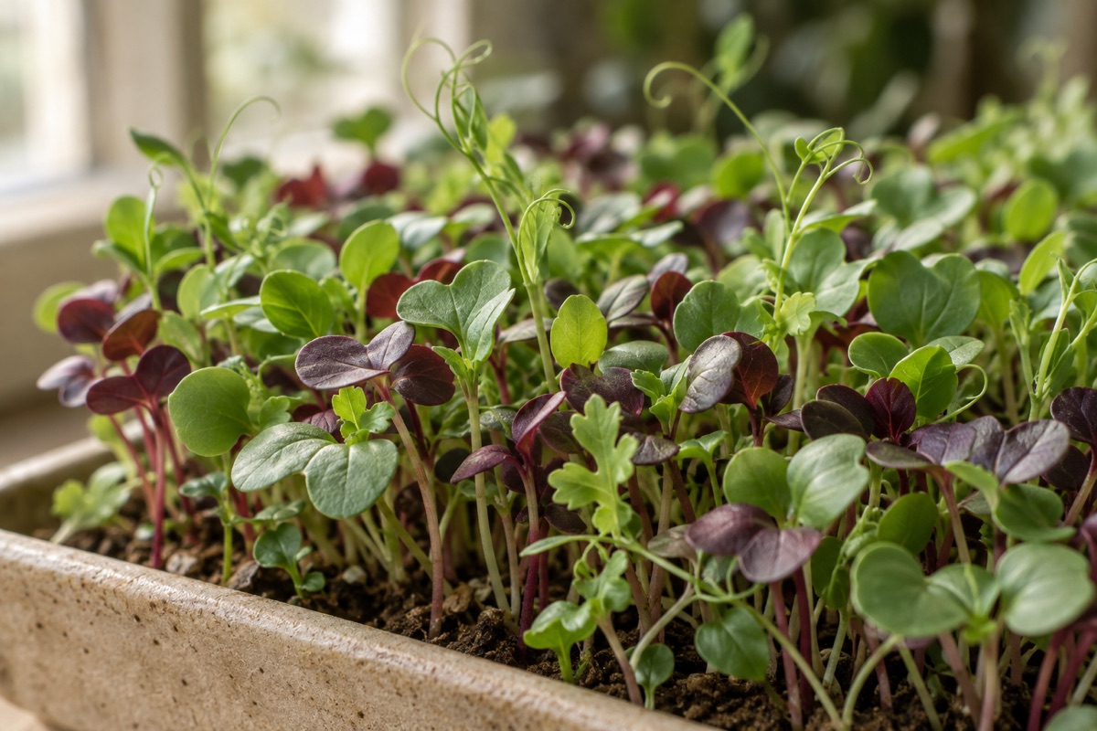 Fresh microgreens with tender leaves and colourful stems