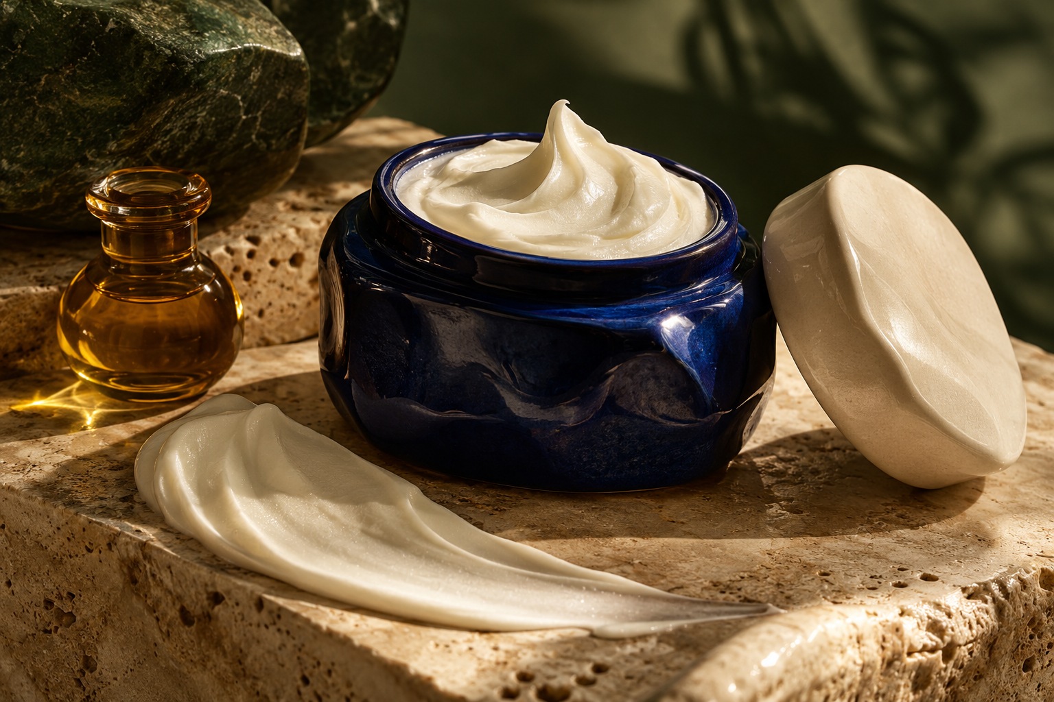 Natural botanical balm in a ceramic jar beside an amber oil bottle