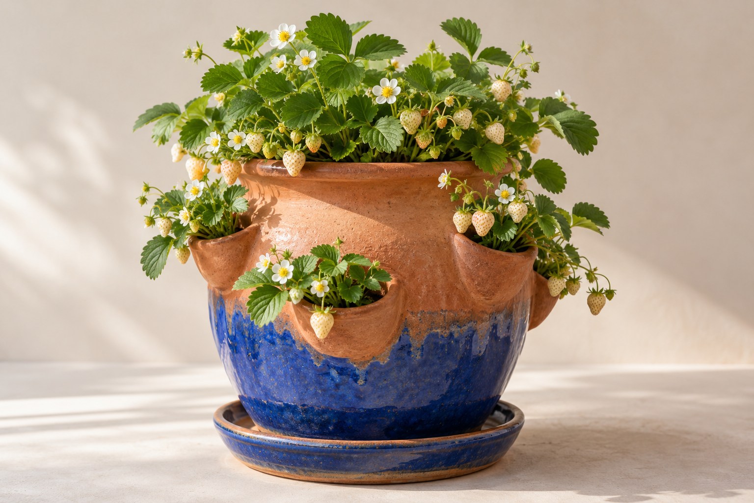 White strawberries in a cobalt and terracotta planter