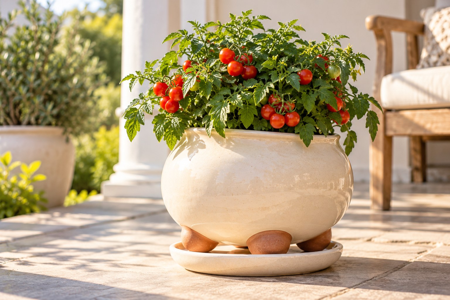 Compact tomato plant in an ivory ceramic planter