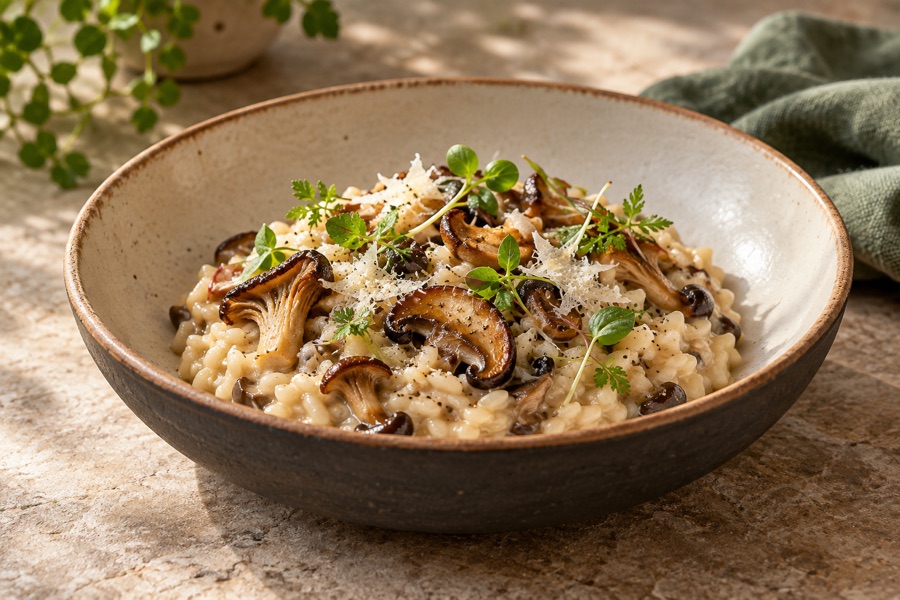Creamy mushroom risotto with a restrained microgreen garnish in handmade ivory and charcoal pottery