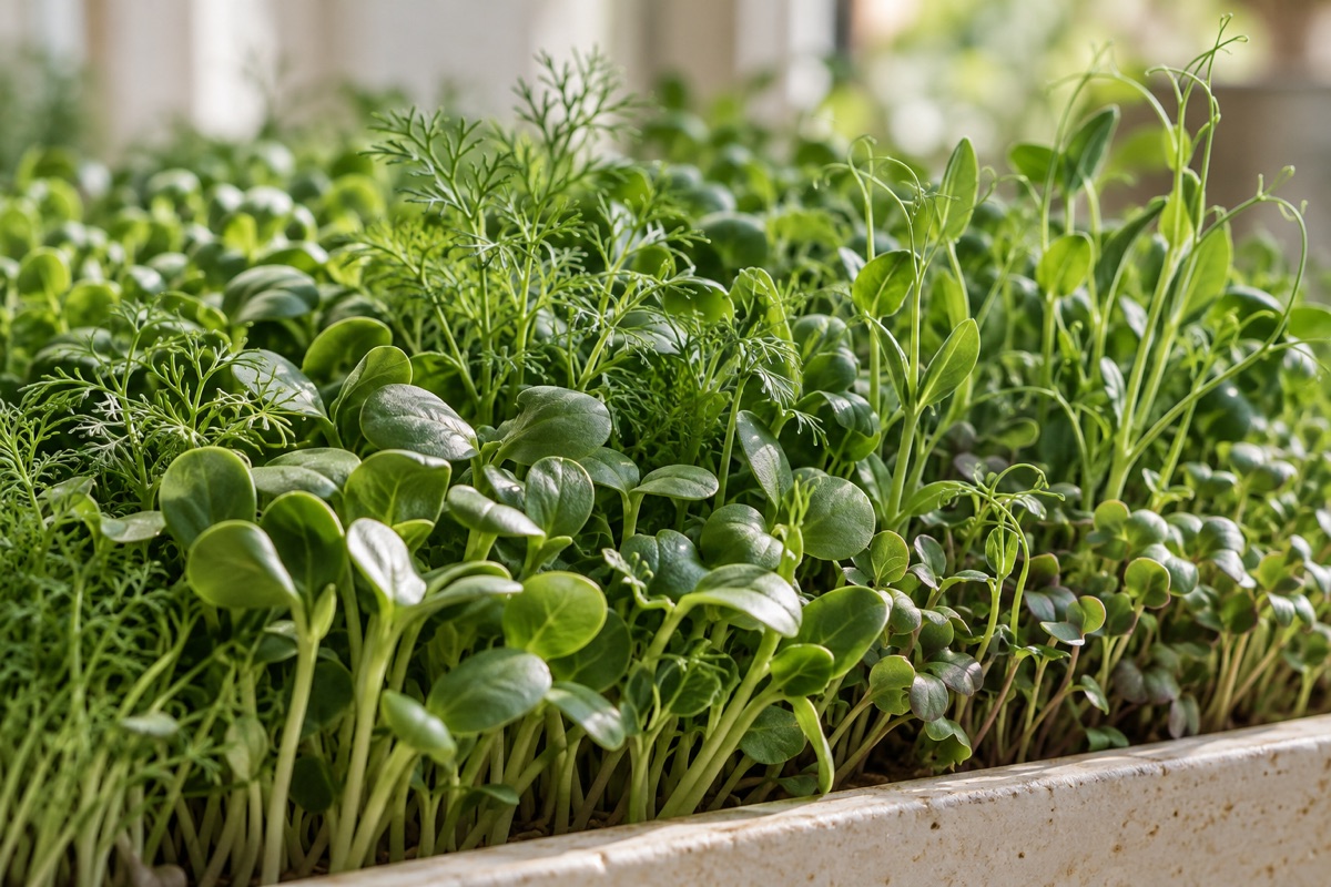 Fresh microgreens with tender leaves and colourful stems