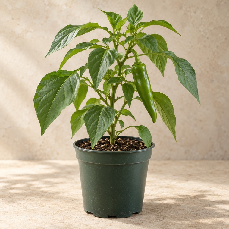 Portrait of Anaheim Pepper in a nursery pot; plant size may vary