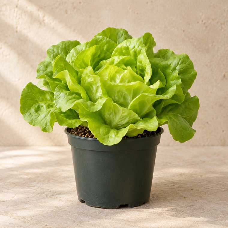 Portrait of Buttercrunch Lettuce in a nursery pot; plant size may vary