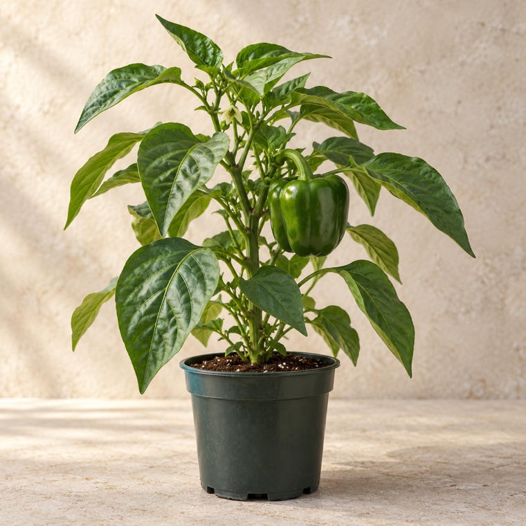 Portrait of California Wonder Pepper in a nursery pot; plant size may vary