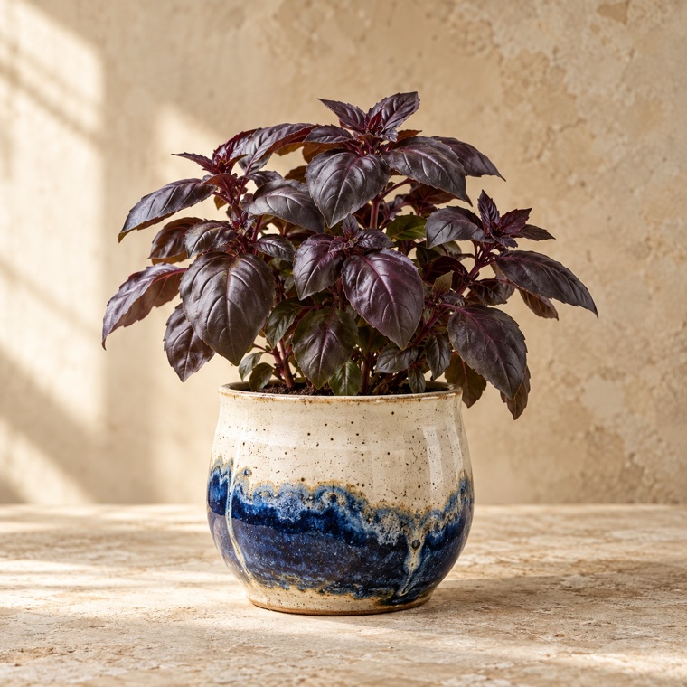 Pottery pairing idea for Dark Opal Basil; exact finished piece is confirmed before an order