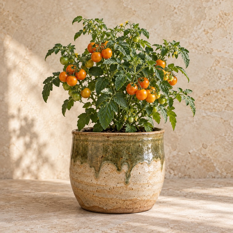 Pottery pairing idea for Orange Dwarf Tomato; exact finished piece is confirmed before an order