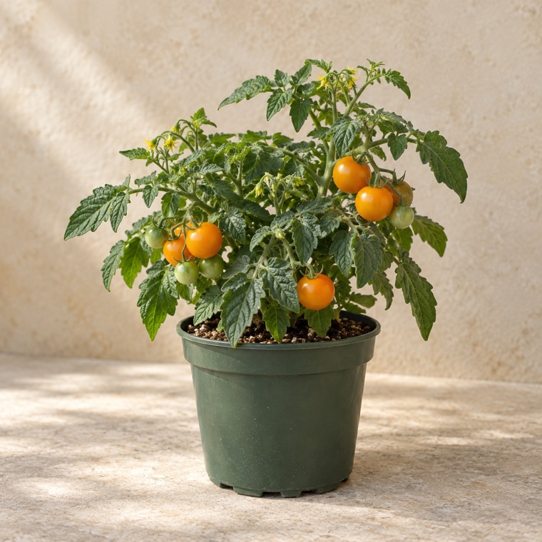 Portrait of Orange Dwarf Tomato in a nursery pot; plant size may vary