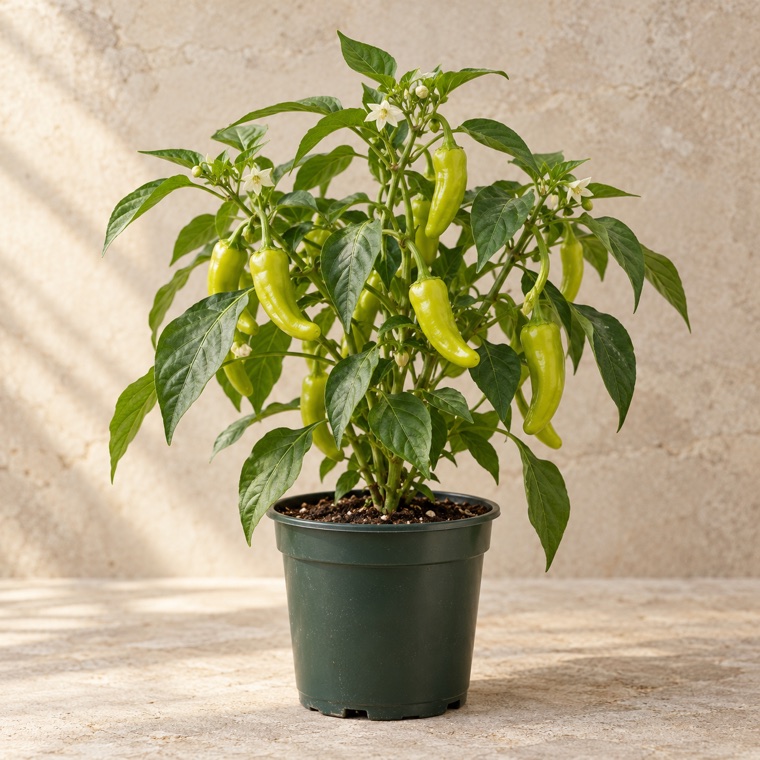 Portrait of Pepperoncini in a nursery pot; plant size may vary