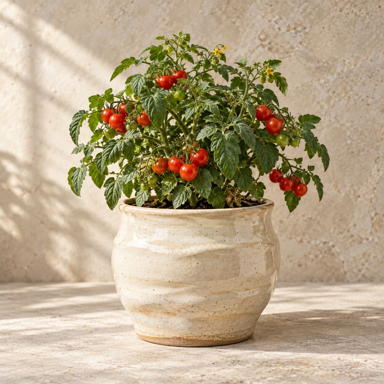 Pottery pairing idea for Red Dwarf Tomato; exact finished piece is confirmed before an order