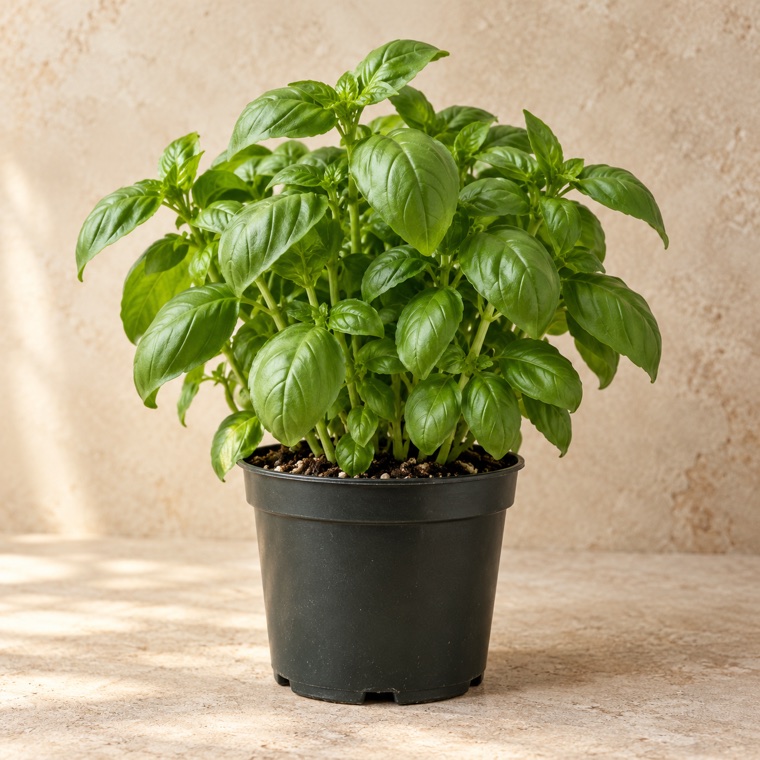Portrait of Sweet Basil in a nursery pot; plant size may vary