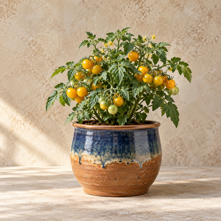 Pottery pairing idea for Yellow Dwarf Tomato; exact finished piece is confirmed before an order