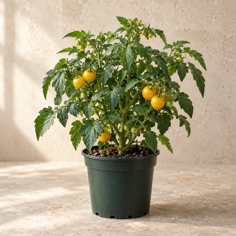 Portrait of Yellow Dwarf Tomato in a nursery pot; plant size may vary