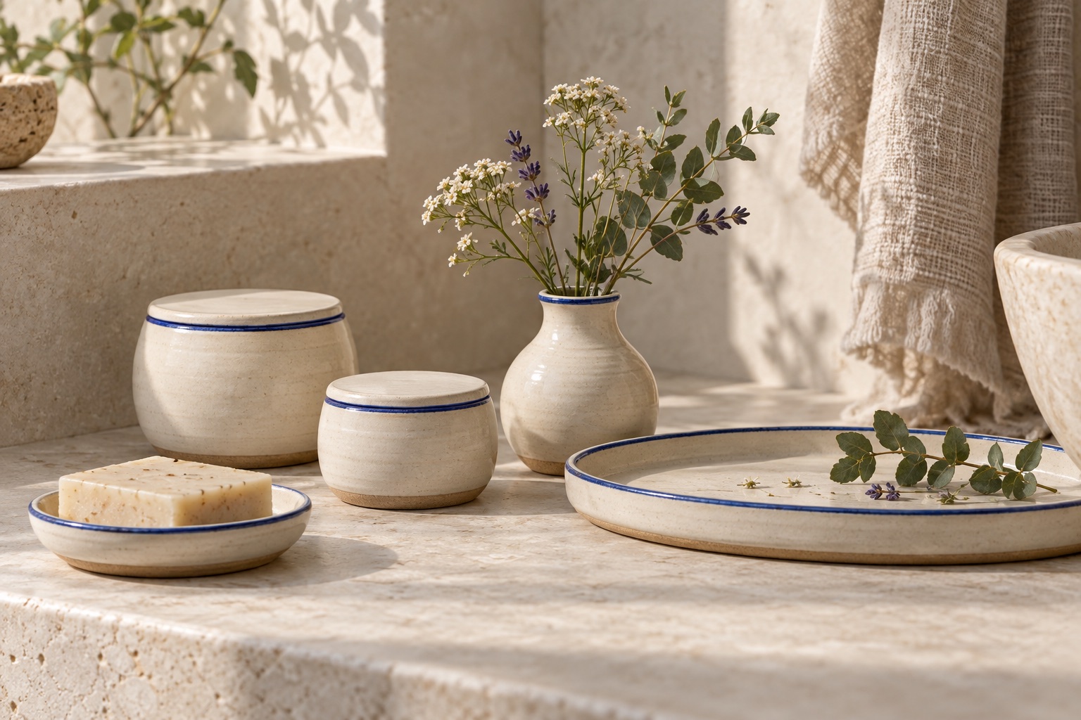 Coordinated ivory ceramic balm jars, botanical tray, soap dish and bud vase with fine cobalt-blue rims