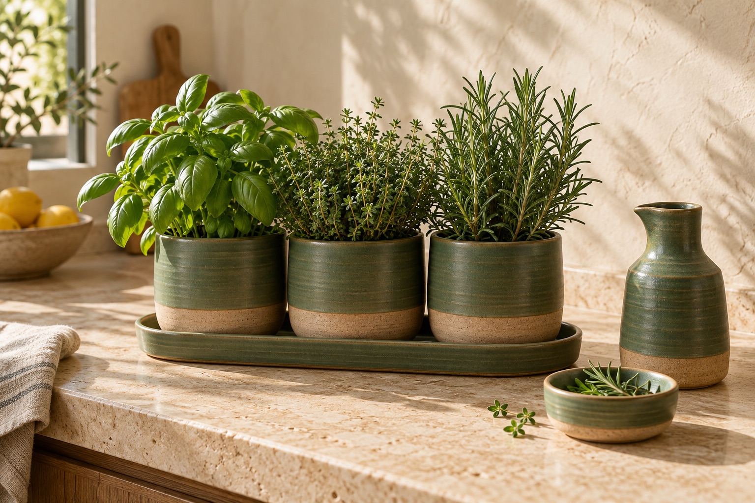 Three matching green-and-clay herb planters with basil, thyme and rosemary on one long drainage tray