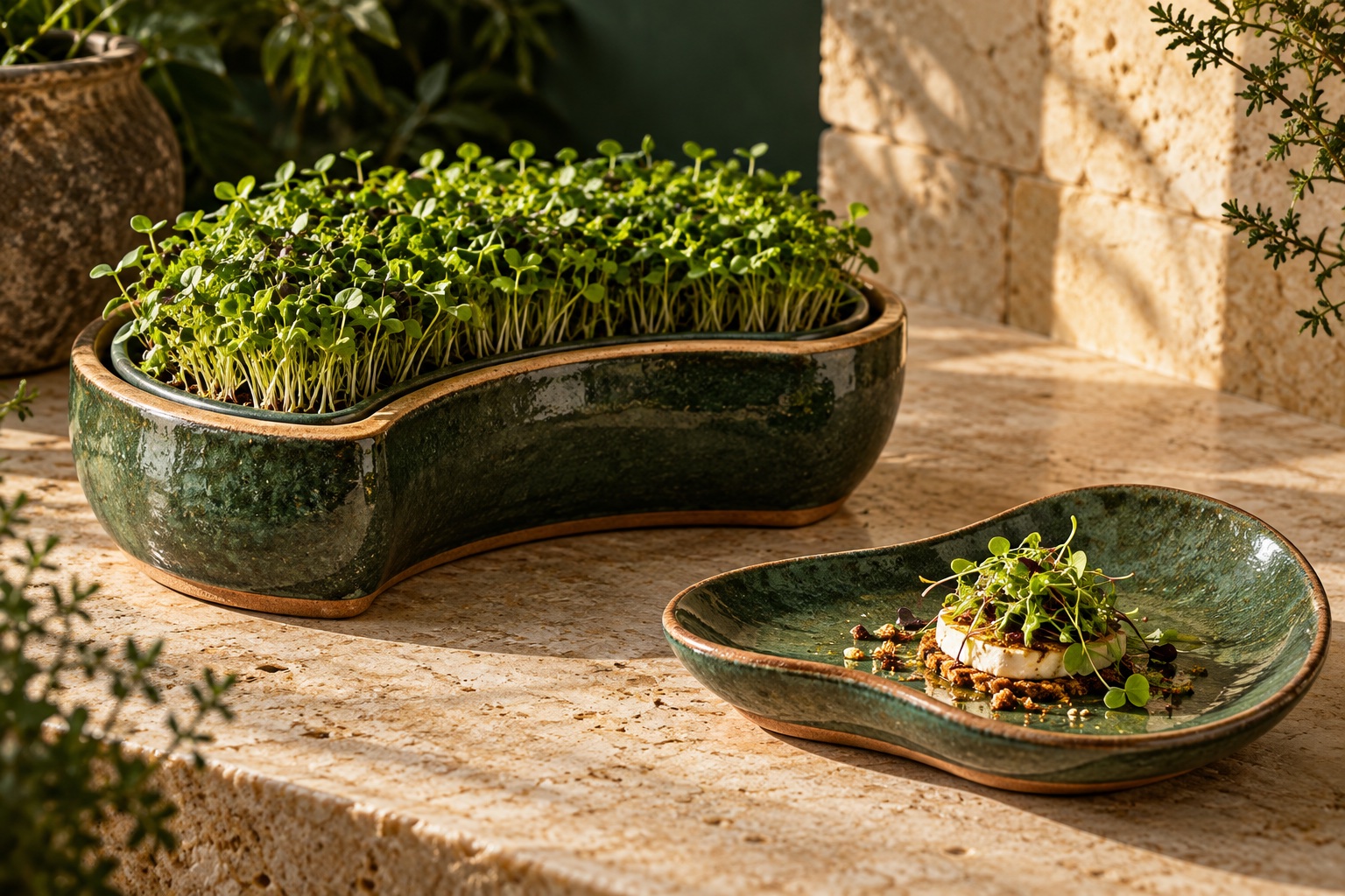 Living microgreens in a forest-green handmade ceramic growing vessel beside a matching tasting plate