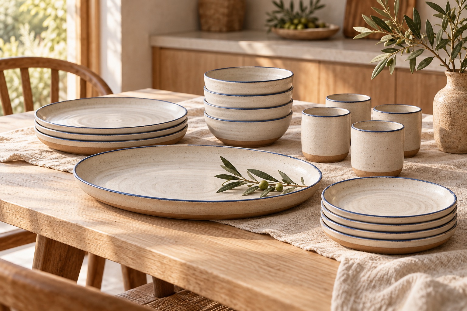 Matching ivory stoneware plates, bowls, cups and platter with fine cobalt-blue rims on a dining table