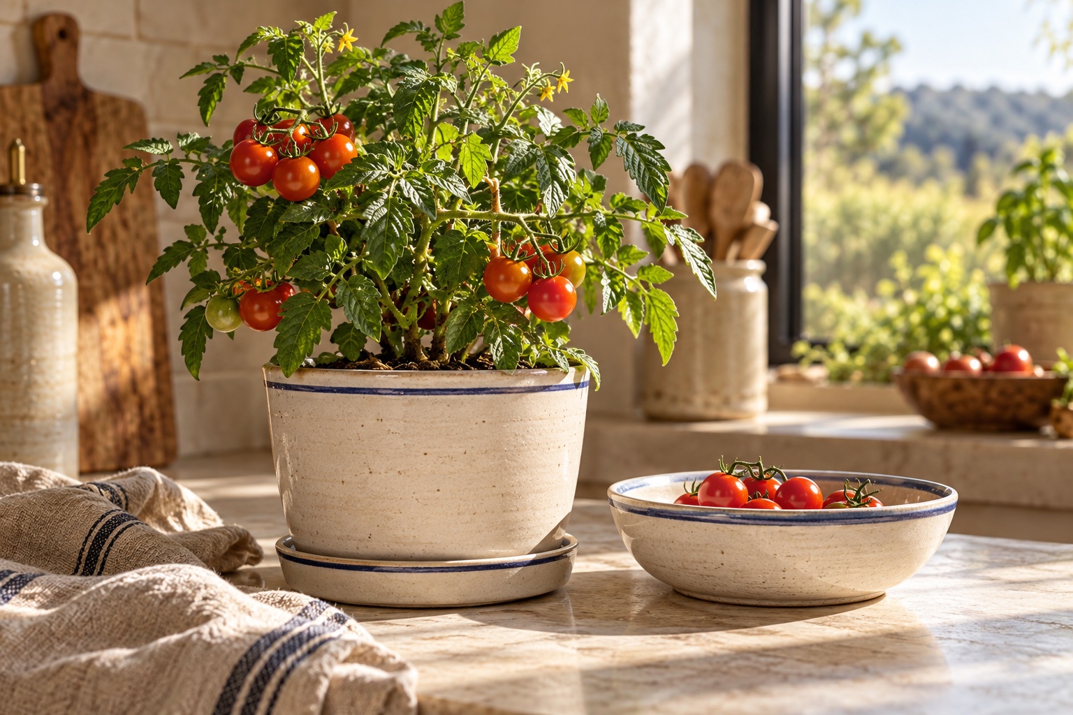 Compact tomato plant in an ivory handmade ceramic planter with a matching harvest bowl and fine cobalt rims
