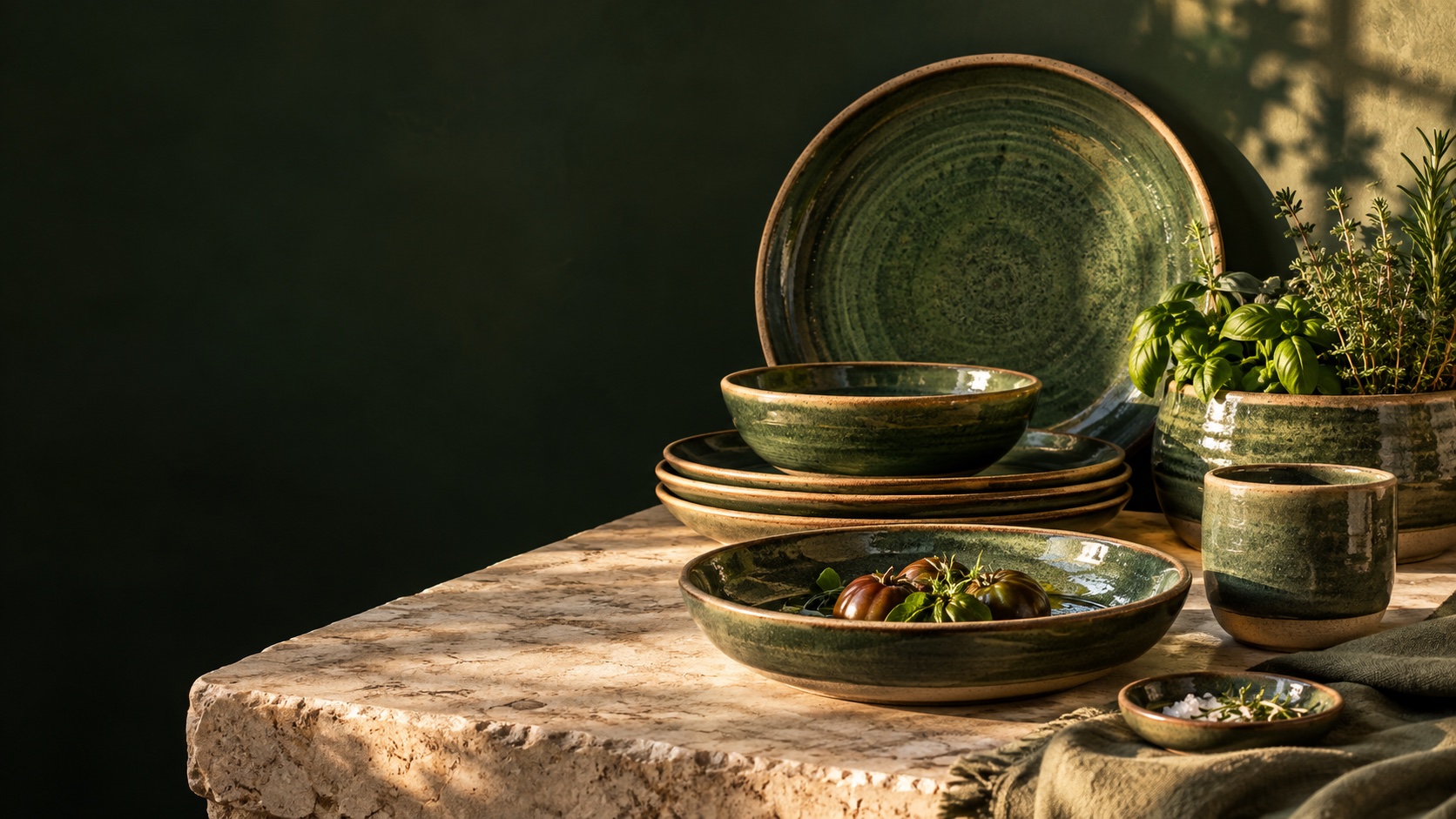Coordinated forest-green handmade ceramic plates, bowls, cup and herb planter in warm light