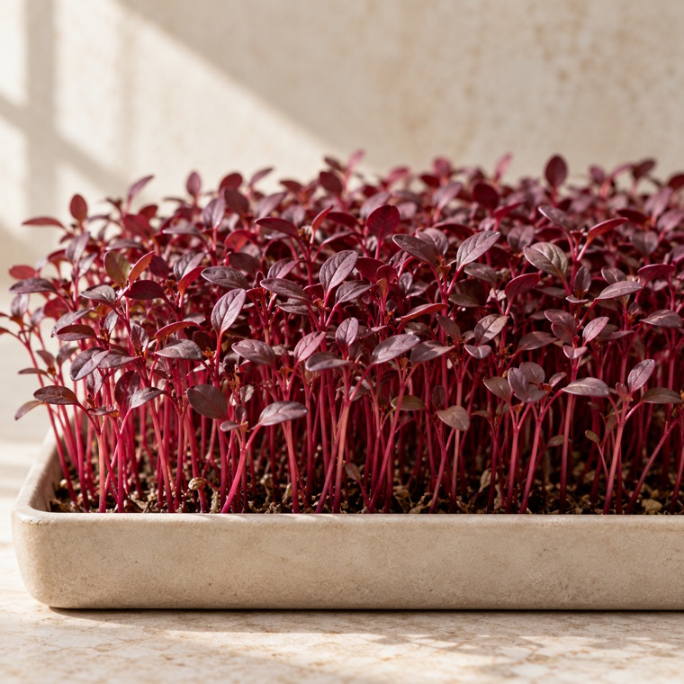 Amaranth microgreens growing in a tray