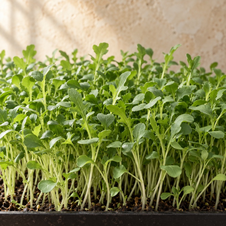 Arugula microgreens growing in a tray
