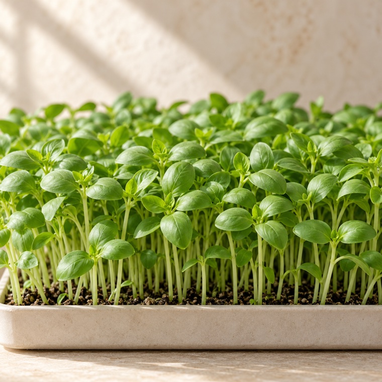 Sweet basil microgreens growing in a tray