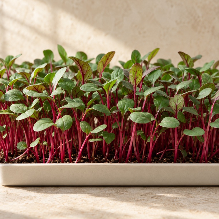 Beet microgreens growing in a tray
