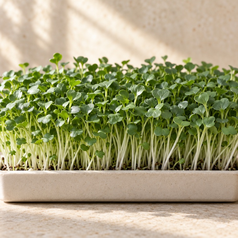Broccoli microgreens growing in a tray